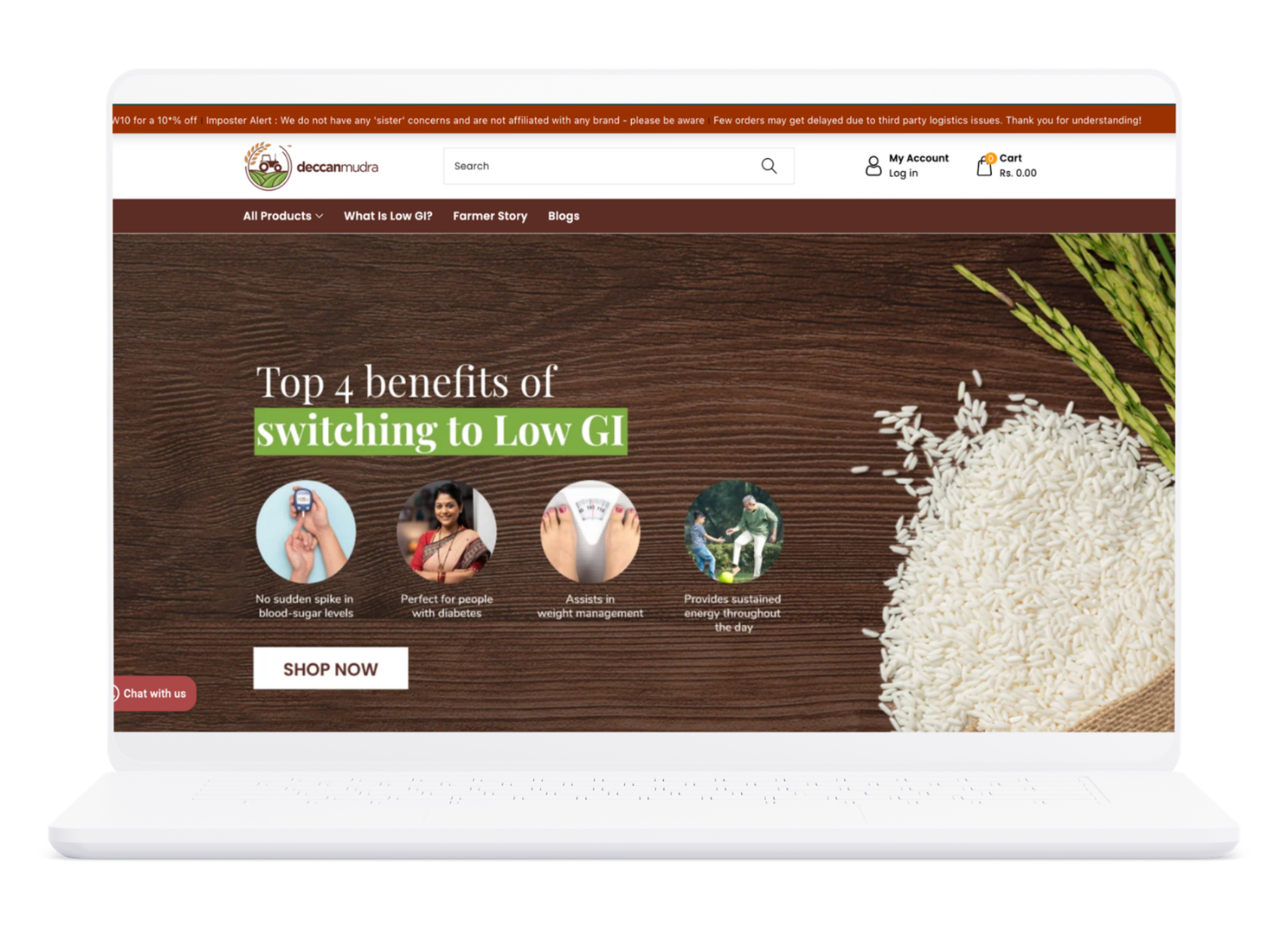 Deccan Mudra website homepage promoting the benefits of low GI rice