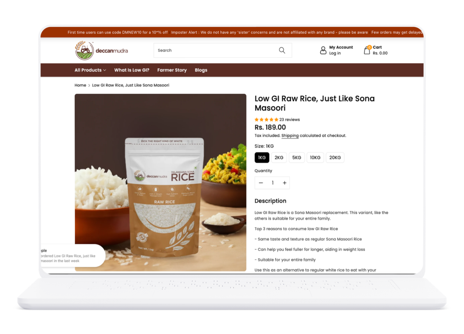 Deccan Mudra product page for Low GI Raw Rice