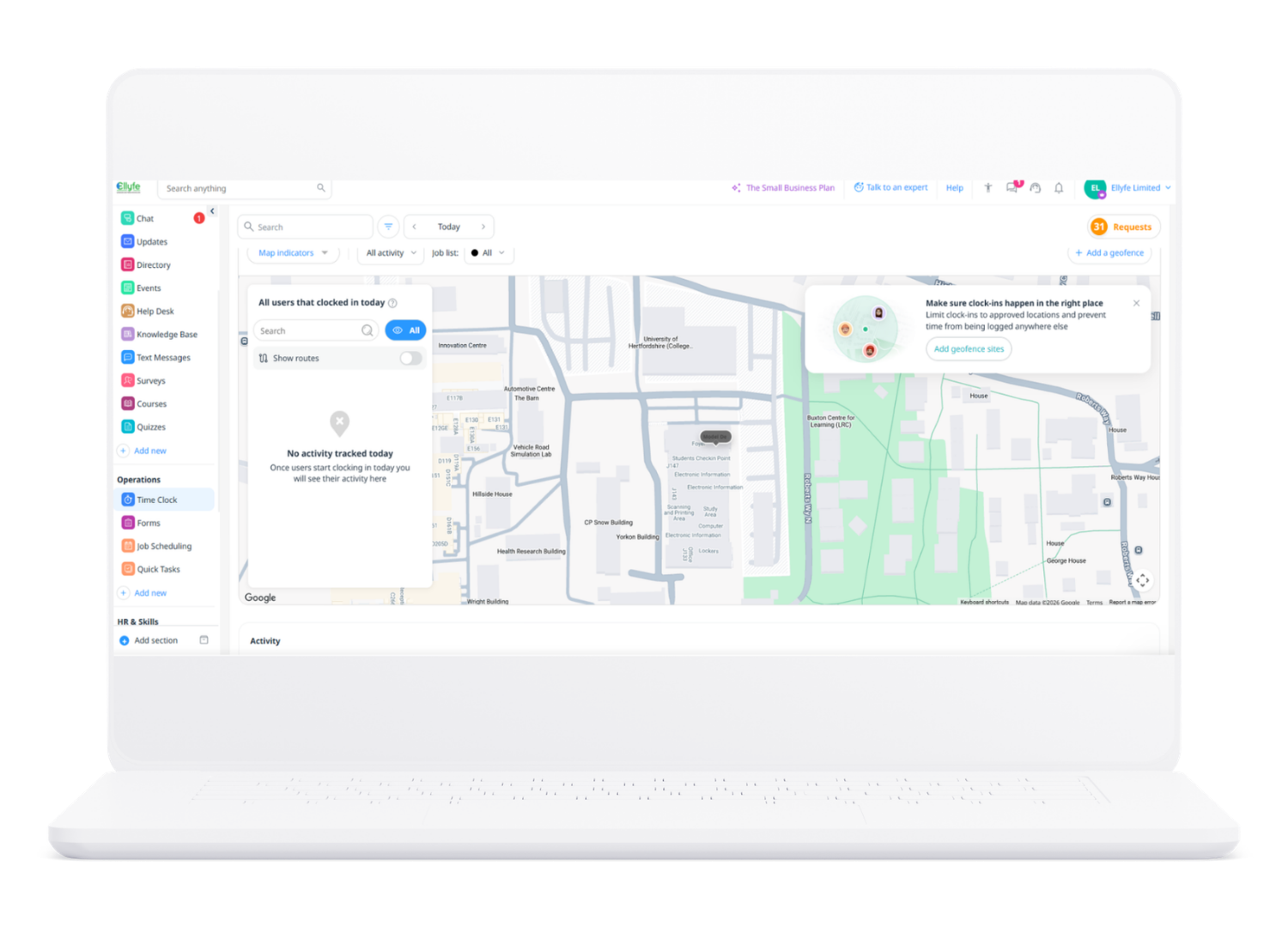 Ellyfe time clock map view for tracking staff clock-ins