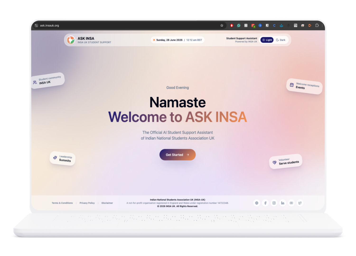 ASK INSA AI student support assistant welcome page