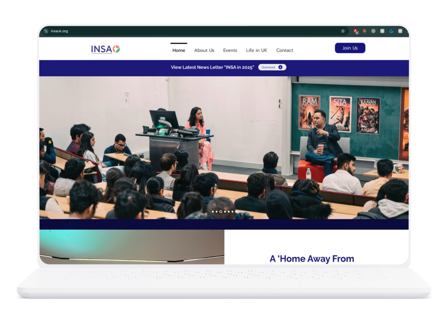 INSA UK website homepage with a student event photo