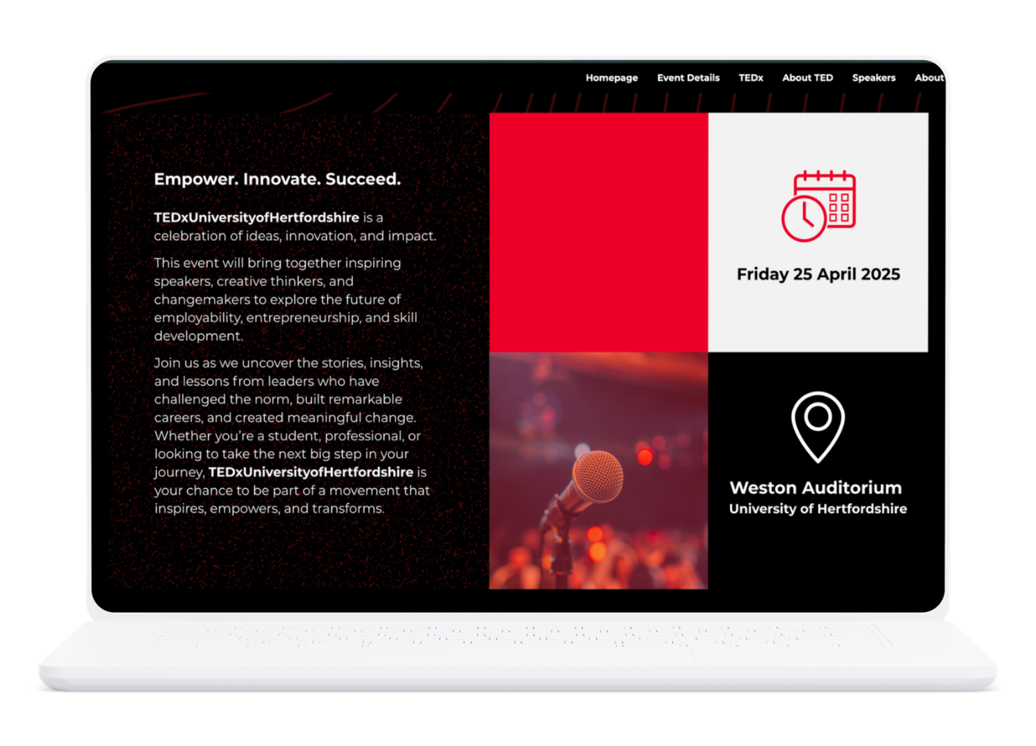 TEDxUniversityofHertfordshire event details page showing the date and Weston Auditorium venue
